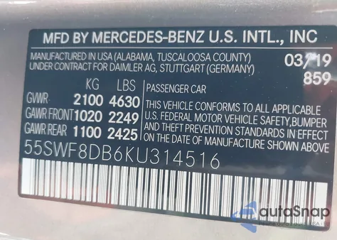2019 Mercedes-Benz C 300 from USA, damaged, VIN 55SWF8DB6KU314516